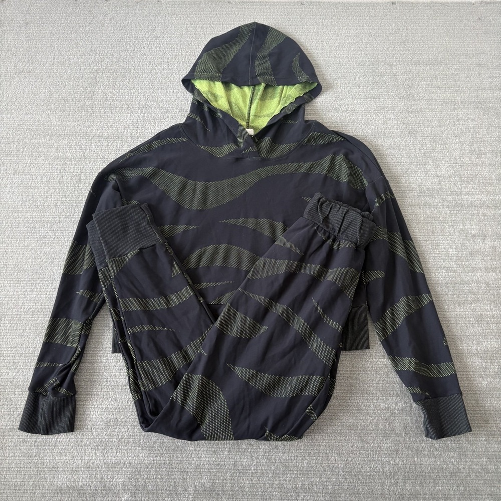 Fabletics Leggings Hoodie Set Women S/M Black Neon Green Cropped Top Jogger Brat